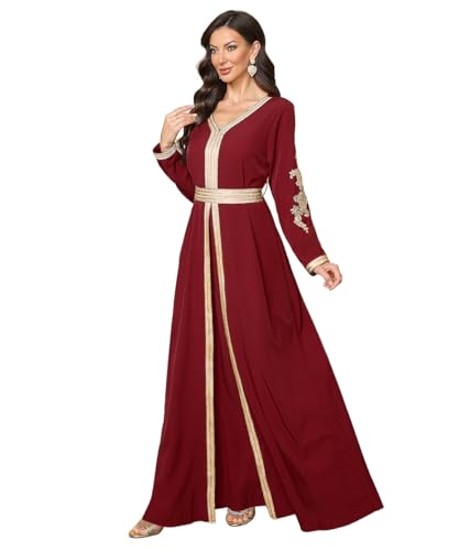 Elegant Muslim Dress with Embroidered Traditional Islamic Attire Maxi Robe Eid Prayer Gown(Red,X-Large)