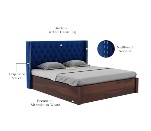 Image of LOGAN Upholstered Sheesham Wood King Size Bed with Box Storage 78x72 | Solid Wood Bed with Storage | Wooden Bed King Size Cot Double Bed with Storage for Bedroom Home |Walnut Blue