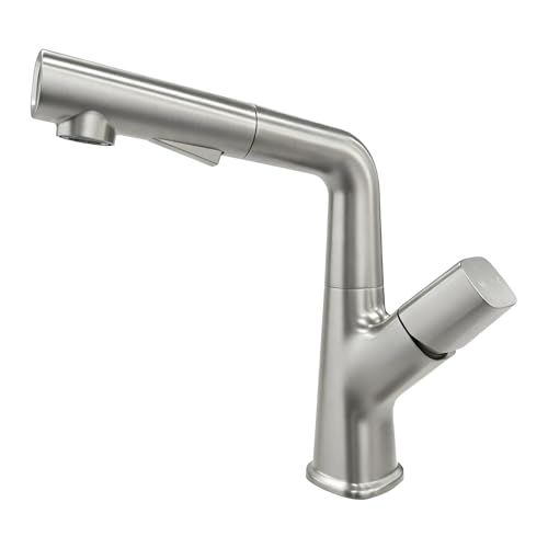 Faucet for Bathroom Sink with Pull Down Sprayer, Brushed Nickel Bathroom Faucet 1 Hole for Sink Vanity Kitchen RV