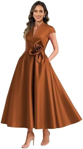 Tea Length Mother of The Bride Dresses for Women Cap Sleeve Satin...