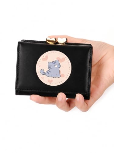 Image of Valerie Cute Small Wallets Clutch for Teen Girl Women PU Leather Trifold Small Wallet Cash Pocket 3D Buckle Card Holder Coin Purse with ID Window for Girls Women (Black Cat)