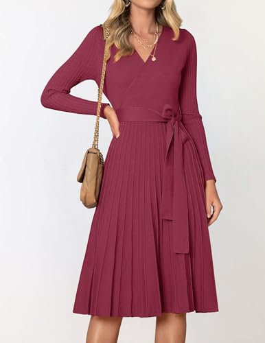 ZESICA Women's Fall Long Sleeve Wrap V Neck Ribbed Knit Pleated A Line Pullover Sweater Dress with Belt2