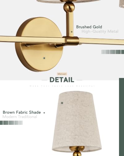 Image of 5-Light Brushed Gold Bathroom Vanity Light, Brown Linen Fabric Shade | 35 Inch gold bathroom light fixture over mirror, UL listed, E26 bulbs, hardwired, upward only, VL837-BG-L-5