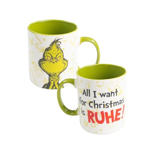 United Labels Grinch Tasse 320 ml Grün Weiß Kaffeebecher All I want for Christmas is Ruhe Kaffeetasse aus Keramik Weihnachtstasse