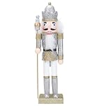 Amosfun Christmas Large Wooden Nutcracker Figurine, 31cm Silver Glitter Nutcracker Puppet Soldier Xmas Holiday Decoration for Desktop, Fireplace, Christmas Party Favors