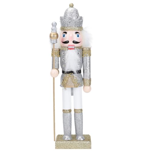 Amosfun Christmas Large Wooden Nutcracker Figurine, 31cm Silver Glitter Nutcracker Puppet Soldier Xmas Holiday Decoration for Desktop, Fireplace, Christmas Party Favors
