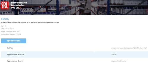 Image of SRL Potassium Chloride extrapure ACS Grade,99.5%, CAS : 7447-40-7, Molecular Formula : KCl, Molecular Weight : 74.55, Storage Room Temperature, Shelf Life 60 Months for laboratory and industrial use