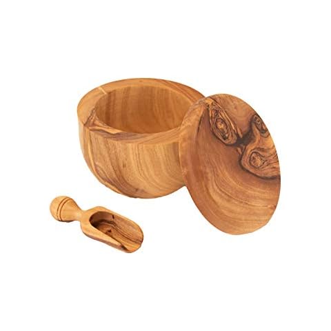 Salt Pot Sugar Bowl Container with Lid Made of Olive Wood Approx. 9 cm Diameter with Spoon Salt Scoop Cover