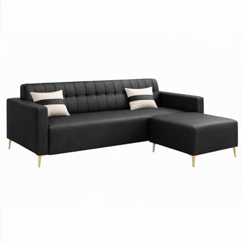 Image of SOCOZI Anton 4 Seater L Shape Sofa Set with Movable Ottoman | Flexible Left or Right Layout | Premium Leatherette with Golden Metal Legs |Sofa for Living Room (Black Leatherette)