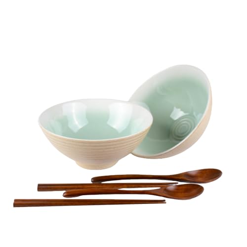 Henrrida 1200 ml Ramen Bowl Set of 2 40 OZ Bring Wooden Chopsticks,Ramen Spoon Japanese Large Soup Bowls,Salad,Cereal Bowls,Noodle Bowl Microwave and Dishwasher Safety (Teal)
