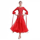 Tytyozay Vestido De Baile De Salón para Mujer, Trajes De Baile con Diamantes De Imitación, Cuello Redondo, Falda Grande con Vuelo, Ropa De Competición De Tango Y Vals Moderna,Rojo,S