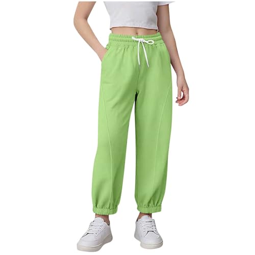 Girls Fashion Jogger Spring Fall High Waist Stretch Cuffed Sweatpant Pocket Comfort Loose Fit Sports Trouser (4-15 Years) Green