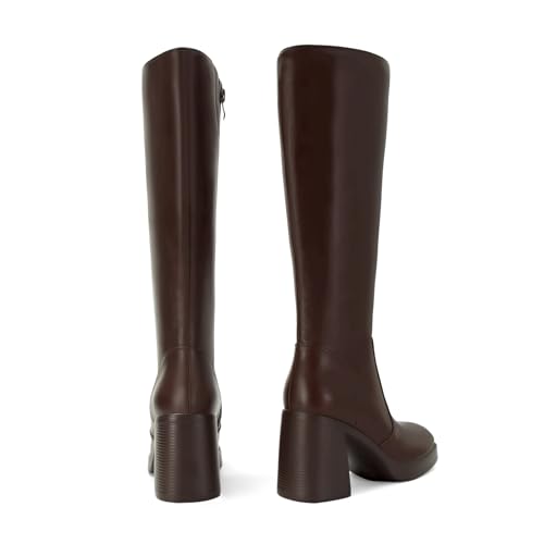 Image of SOVANYOU Black Leather Boots Platform Boots for Women Fashion Square Toe Chunky Block Heeled Boots Side Zip