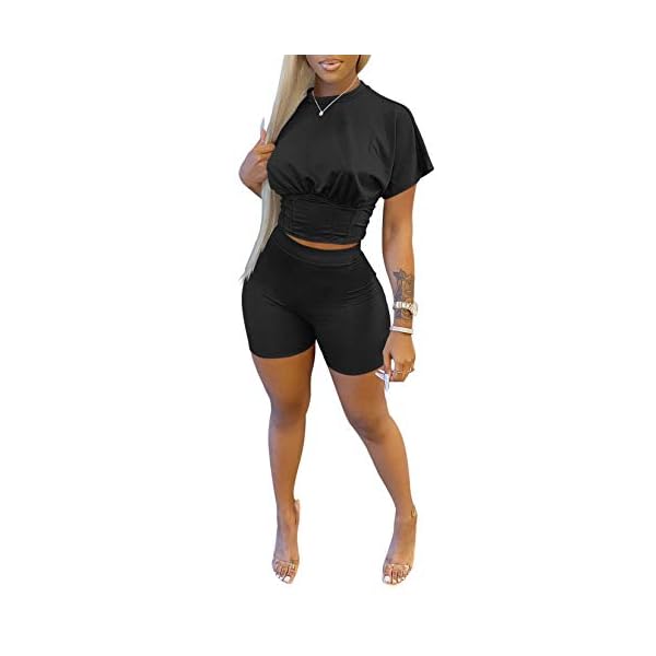 Kafiloe Womens Casual 2 Piece Outfits Short Sleeve Top Leggings Tracksuit Shorts Sets Sportswear Black L