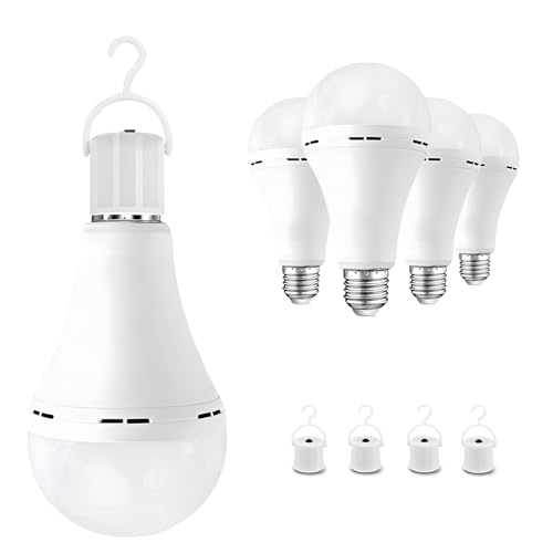Emergency Rechargeable Light Bulbs 4Pcs Keep Lighting When Power Failure A21 9W 60W Equiv. Battery Operated Light Bulb with 1200mAh for Home Camping Emergency Time 4-5 hrs(with Hook Warm White)