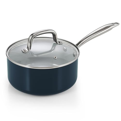 Cook N Home Classic 3 Quart Ceramic Nonstick Saucepan with Glass Lid, Everyday Soup Pasta Oatmeal Cooking Pan, Non Stick Sauce Pan Pot, Stay-Cool Handle, Induction Ready, Blue