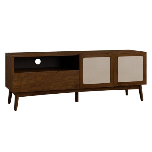 Image of Calista TV Stand 1 Drawer 2 Door - Chestnut Finish Media Console with Open Shelf & Fabric Panel Doors, Mid-Century Modern Style with Tapered Legs, Easy Assembly