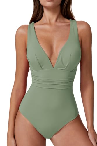 QINSEN One Piece Swimsuit for Women High Waist V Neck Bathing Suit