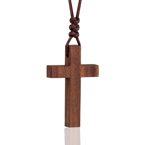 Natural Walnut Wood Cross Necklace for Men & Women - Small Wood Cross Pendant Necklace for Car Mirror - Wooden Religious Pendant Jewelry