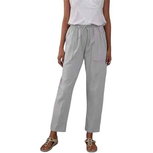Womens Linen Trousers with Pockets Summer Elastic Waist Drawstring Straight Leg Lightweight Loose Long Pants