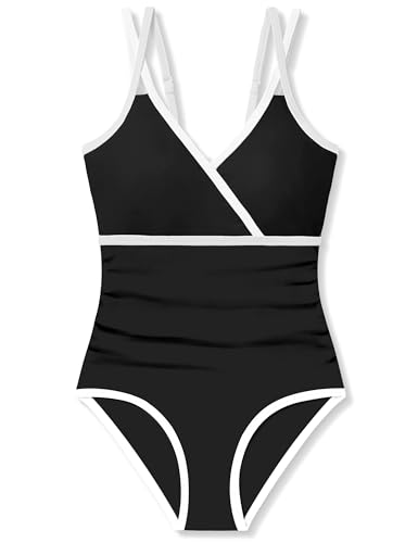 Image of BAVADER Girls Swimsuit One Piece Modest Girls Bathing Suit Solid Square Neck Ruched Adjustable Straps Padded Swimwear 9-16y