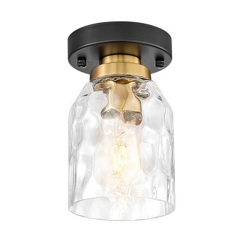 Image of zeyu Industrial Semi Flush Mount Ceiling Light, Round Hallway Lighting Fixtures Ceiling for Kitchen Entryway, Water Ripple Glass Shade, Black and Gold Finish, ZG33F BK+BG-WG