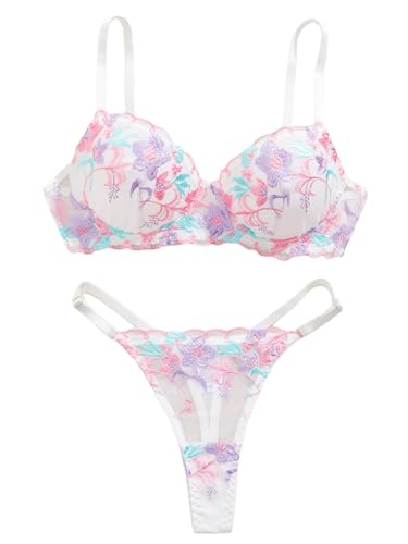 Aimedalis Floral Mesh Embroidered Lingerie Sets For Women Sexy 2 Piece Underwire Matching Bra And Panty (White-pink M)
