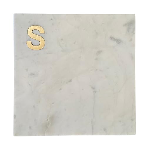 Boards by Bleu Monogram Marble Cheese Board, Hand Crafted Marble Cutting Board from White Marble Slab, Personalized Charcuterie Board with Brass Initial, Great Wedding or House Warming Gifts, Letter S