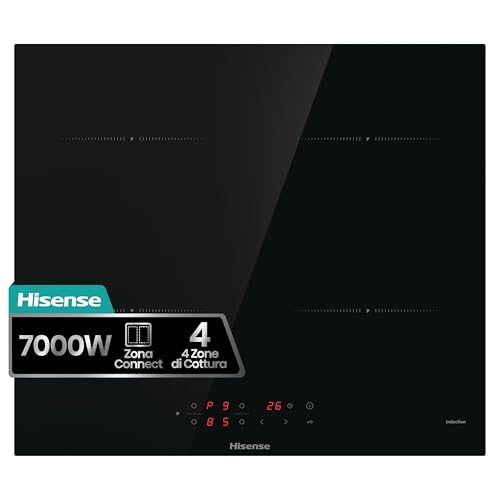 Hisense HIA64UK Piano cottura a induzione, Vetroceramica, 4 zone di cottura, Funzione Power Boost, Timer di cottura, Nero, 595 × 60 × 520 mm