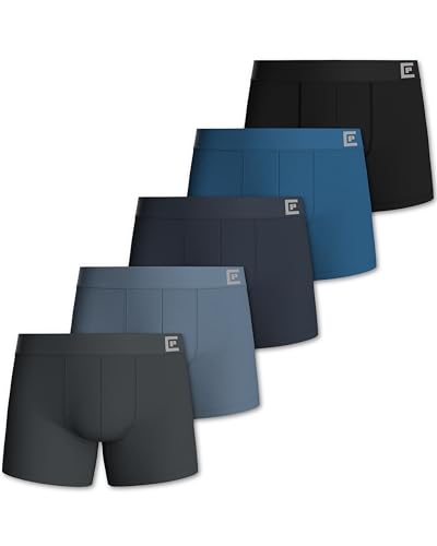 Pierre Calvini Mens Boxers - Soft & Breathable Cotton Boxers for Men - Longer Leg Anti-Chafing Mens Underwear - Tag Free Anti-roll Thick Waistband No Riding Up - 5 Pk - Blue Black & Char - Large