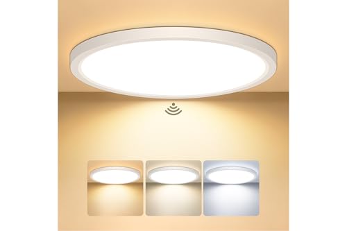 Mugust 22CM Plafonnier LED avec Détecteur de Mouvement, 18W 3000K/4000K/6500K Étanche IP44 Lampe de Plafond Rond, équipé d’un Détecteur de Radar,...