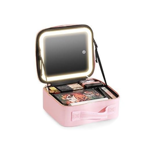 Jshigogo 鏡付きメイクボックス 化粧品収納ボックス コスメボックス 化粧ケース 調節可能な仕切り付き 3色調節可能なLEDライト メイクブラシケース付き 手持ち 小型 防塵 通勤 大容量 自立式 プロ用 持ち運び 旅行 母の日 お出かけ プレゼント