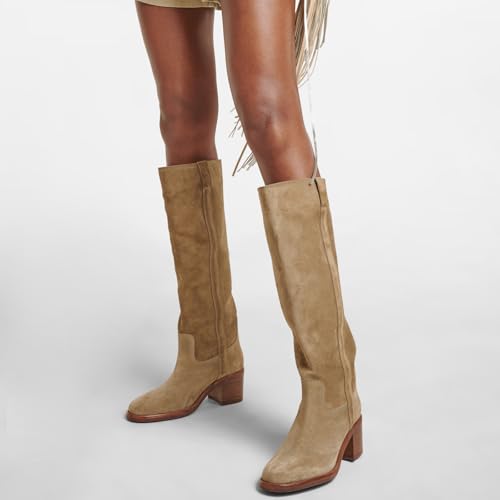 YIYA Women's Suede Knee High Boots Round Toe Chunky Block Heel Tall Boots Fall Winter Pull On Long Boots4