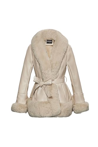 GRAN ORIENTE Faux Leather Jacket for Women with Faux Fur Collar Long Sleeve Fuzzy Parka Overcoat with Warm Trimmed Winter Peplum Coat Belted (GK007 Beige S)