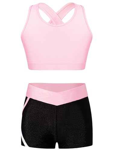 Kids Girls 2 Pieces Dance Outfit Gymnastics Crop Tank Sleeveless Shiny Tops Sport Bra and Shorts Set Tracksuit