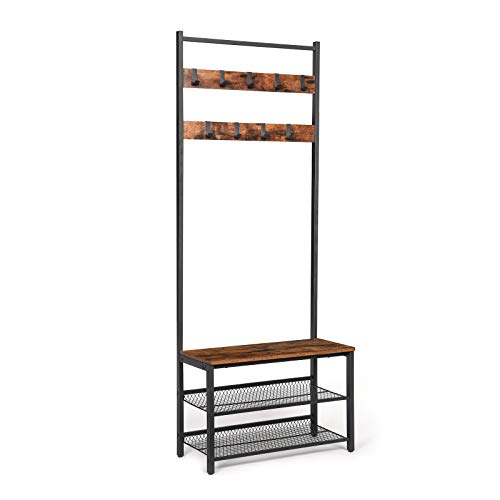 HOOBRO Coat Rack Hall Tree Entryway Shoe Bench Storage Shelf Organizer with 9 Flexible Hooks Wood Look Accent Furniture with Metal Frame Easy Assembly Industrial Design Rustic Brown