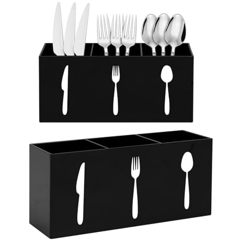 Allhercom Plastic Utensil Holder, Knife Fork and Spoon Holder Silverware Caddy, Acrylic Kitchen Cutlery Storage Box, Flatware Organizer for Countertop, Indoor Outdoor Party Tableware Holder (Black) Cover