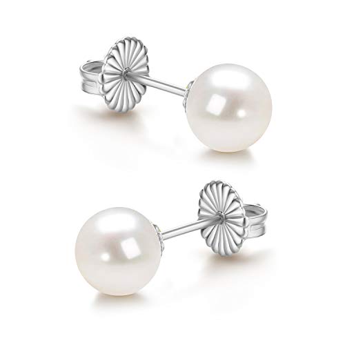 Pearl Stud Earrings Sterling Silver - Hypoallergenic White Simulated Pearl Earrings for Women (8mm)