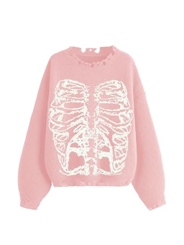 SHENHE Women's Oversized Skeleton Pattern Ripped Round Neck