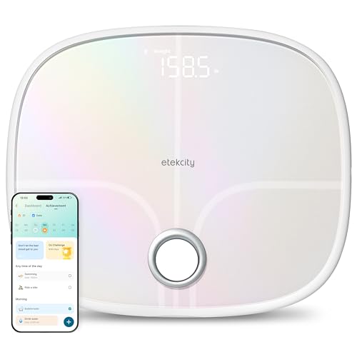 Etekcity Smart Rechargeable Scale for Body Weight, BMI, Fat, Muscle Mass, Digital Bathroom Scale with 13 Metrics, Secret Mode, Bluetooth Connect to Free Apps, Rainbow White