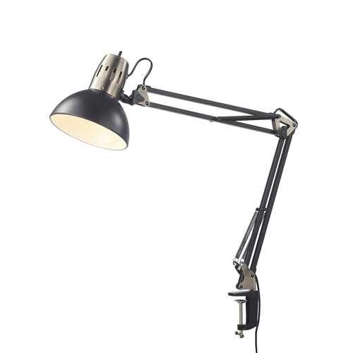 Image of Globe Electric 62000009 32 inch Multi-Joint Desk Lamp with Metal Clamp, Matte Black, Antique Brass Accents, On /Off Rotary Switch on Shade, Partially Adjustable Swing Arm, Home Decor, Office Accessory