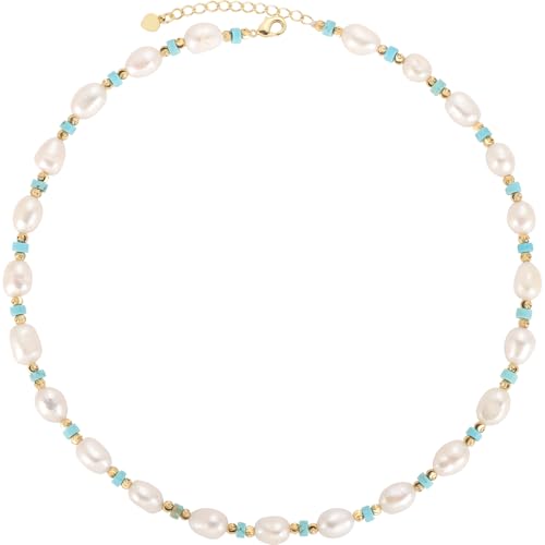 XXKOTWA Turquoise Pearl Choker Necklace for Women Baroque Freshwater Beaded Boho Jewelry Handmade Dainty Gift for Her Mother Wife Girlfriend Minimalist Party Beach Statement Necklace