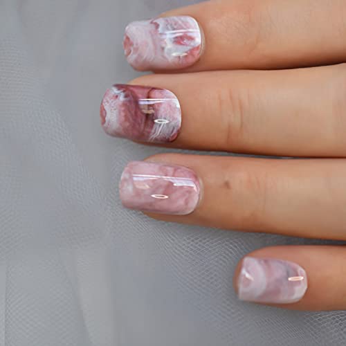 Marble Designed Fake Nails Short Squoval Flowing Lava Glossy Gel Acrylic Press On Tips Artificial Nails For Finger Women Girls Manicure Nail Art #TOP3