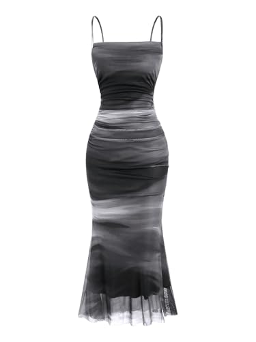SOLY HUX Women's Tie Dye Ruched Bodycon Maxi Dress Sexy Mesh Sleeveless Cocktail Party Club Long Cami Dresses Dark Grey Multi Medium