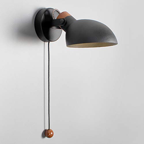 Lyghtzy® Applique murale esthétique en fer forgé et bois au design scandinave avec interrupteur à tirette pour salon Salle de lecture (Noir)
