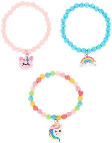 Claire's Club Colourful Beaded Stretch Bracelets for Girls with Rainbow, Kitty and Unicorn Charms - 3 Pack