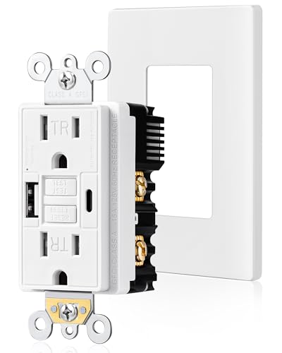 SURAIELEC 15 Amp GFCI Outlet with USB-C & USB-A Ports, GFCI Combo USB Outlet, 5V/4.8A Total Output, Tamper-Resistant Receptacle with USB Ports, Screwless Wall Plate, ETL Listed, White, 1-Pack