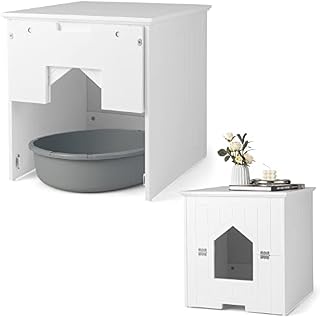 COSTWAY Cat Litter Box Enclosure with Flip Magnetic Half Door, Private Kitty Hidden Washroom Toilet, Wooden Kitten House Nightstand Furniture (White)