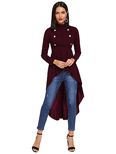 Floerns Women s Double Button Long Sleeve Round Neck Asymmetrical Blouse Tops Burgundy L