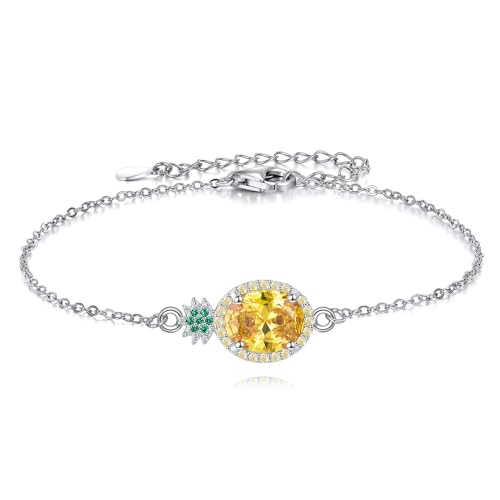 Pineapple Bracelet Sterling Silver Hawaiian Charm Yellow Crystal Bracelet Pineapple Jewelry Gift For Women